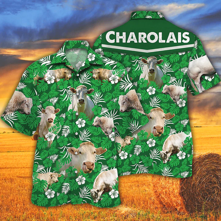 Cow Hawaiian Shirts For Men Women – Charolais Cattle Lovers Green Floral Pattern Hawaiian Shirt