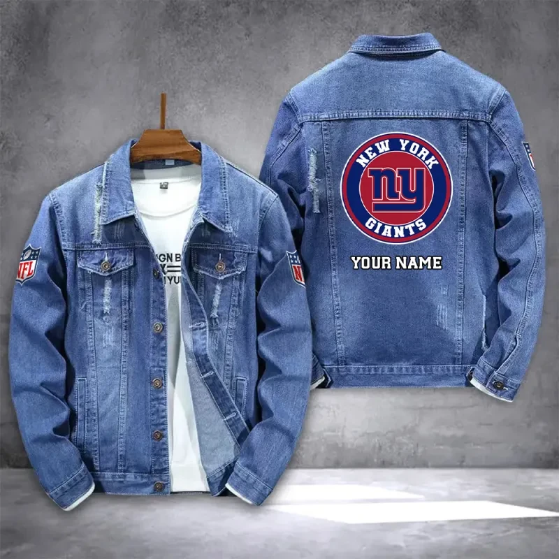 New York Giants NFL Team Name Personalized Back Logo Blue Denim Jacket