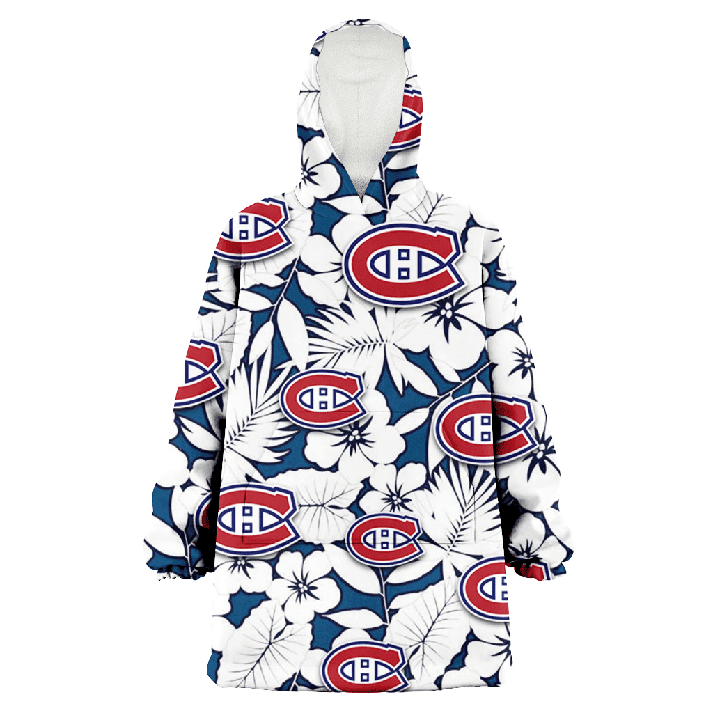 Montreal Canadiens White Hibiscus And Leaves Blue Background 3D Printed Hoodie Blanket Snug Hoodie