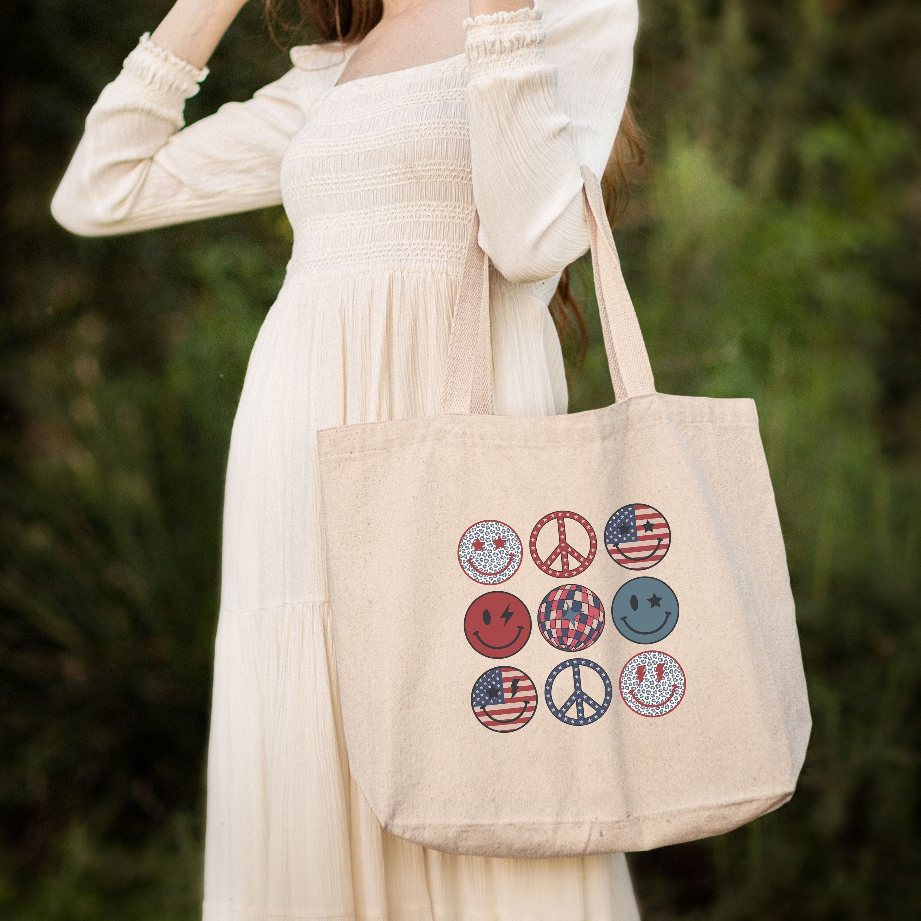 4th of July Tote Bag, American Flag Smiley Face Tote Bag, American Freedom Totes, Happy 4th of July, Red White and Blue, Women Shoulder Bag