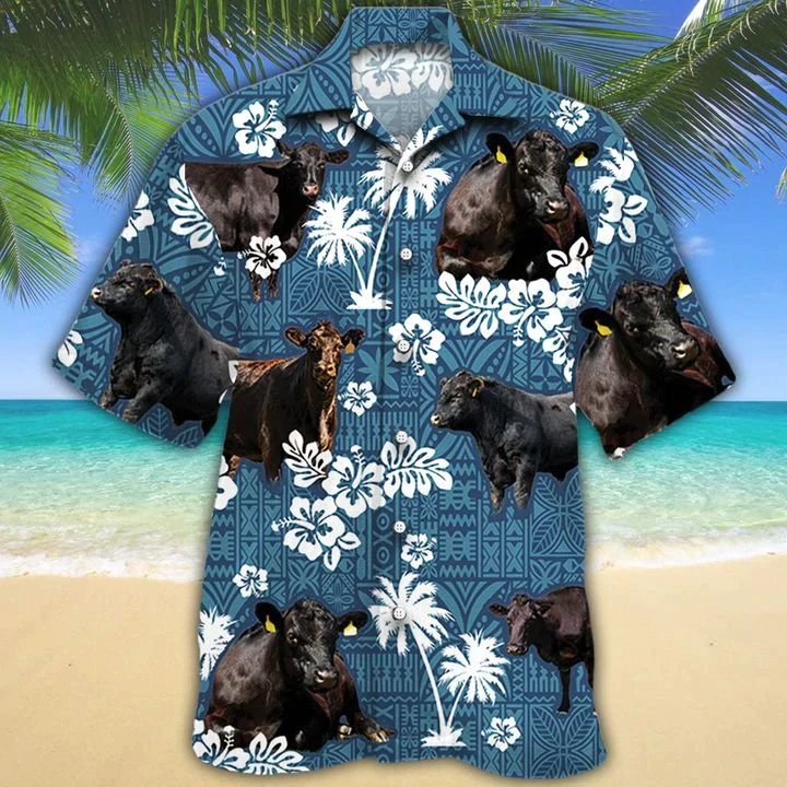 Black Angus Cattle Lovers Blue Tribal Hawaiian Shirt, Hawaiian Shirts For Men, Women