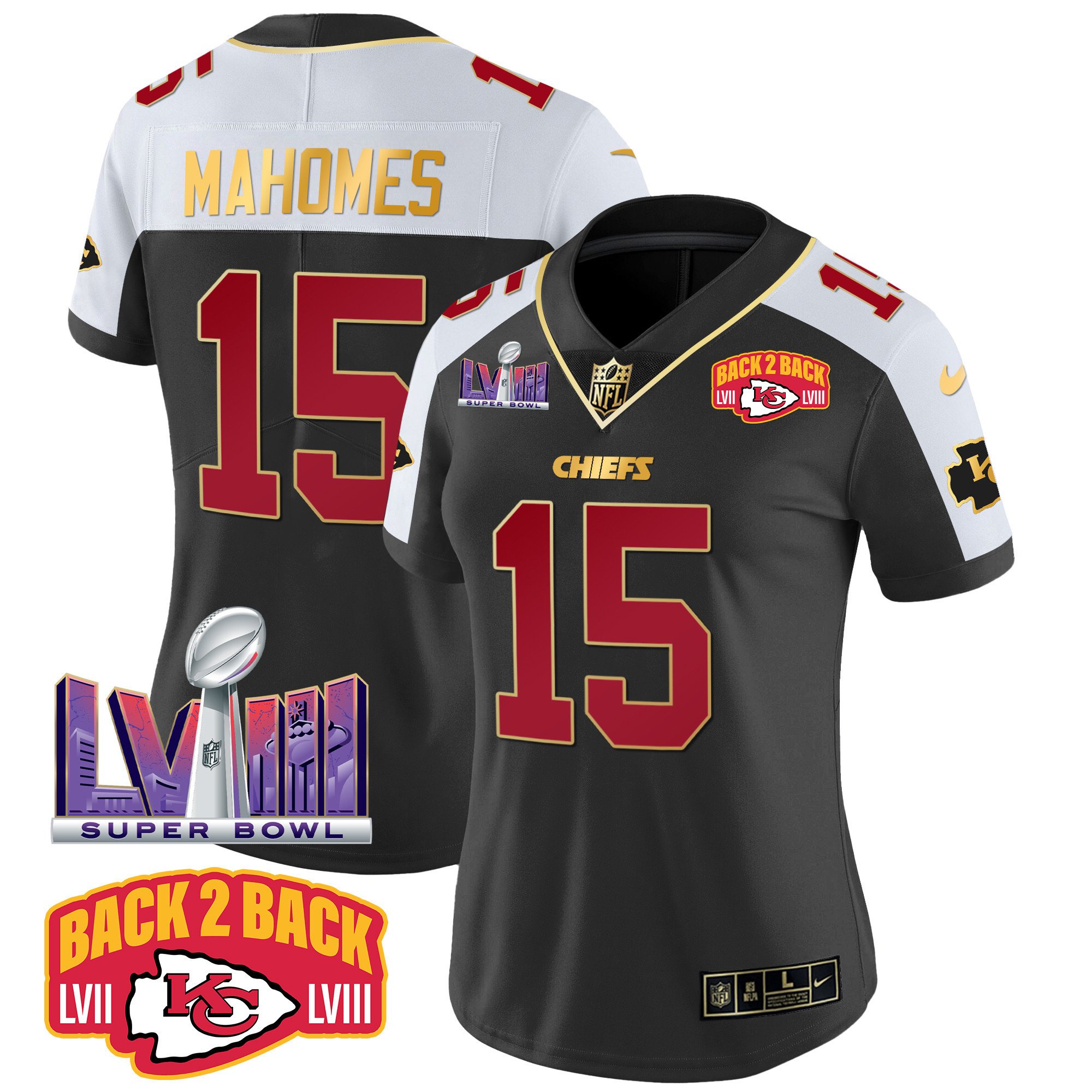 Women’S Chiefs Super Bowl Lviii & Back 2 Back Patch Vapor Jersey – All Stitched