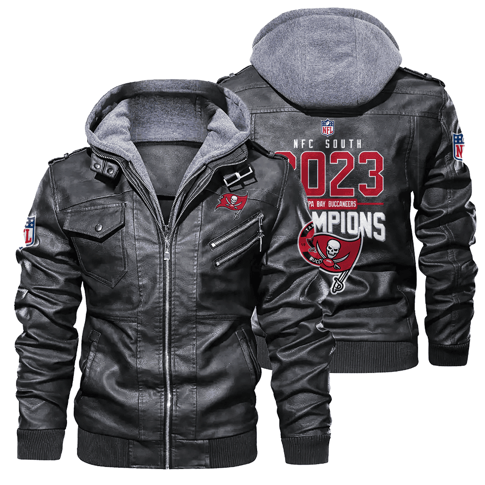 Tampa Bay Buccaneers NFC South 2023 Division Champions Team Logo Zip Black Leather Jacket With Hood