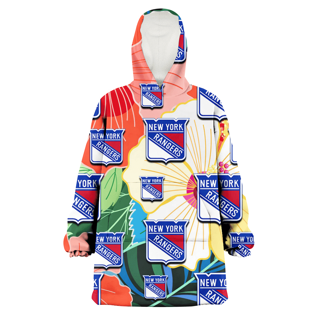 New York Rangers Orange White Tropical Hibiscus Green Leaf 3D Printed Hoodie Blanket Snug Hoodie