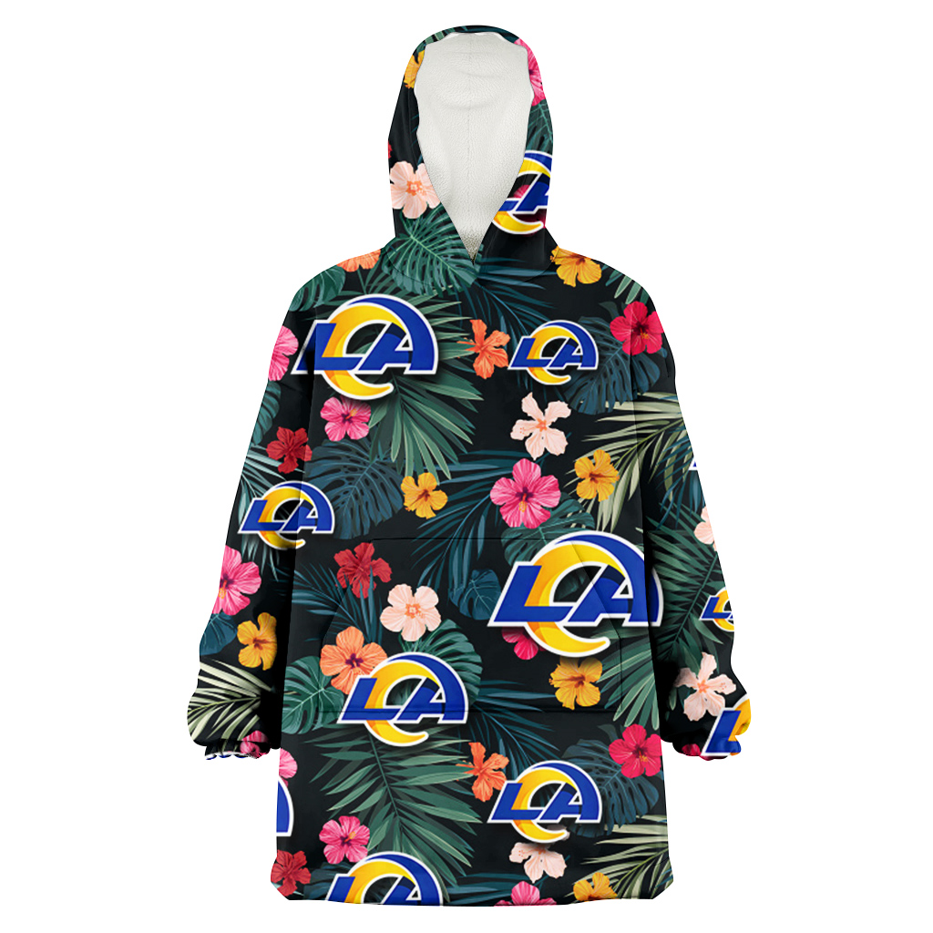 Los Angeles Rams Pink Yellow Orange Hibiscus Big Tropical Leaf Black Background 3D Printed Hoodie Blanket Snug Hoodie