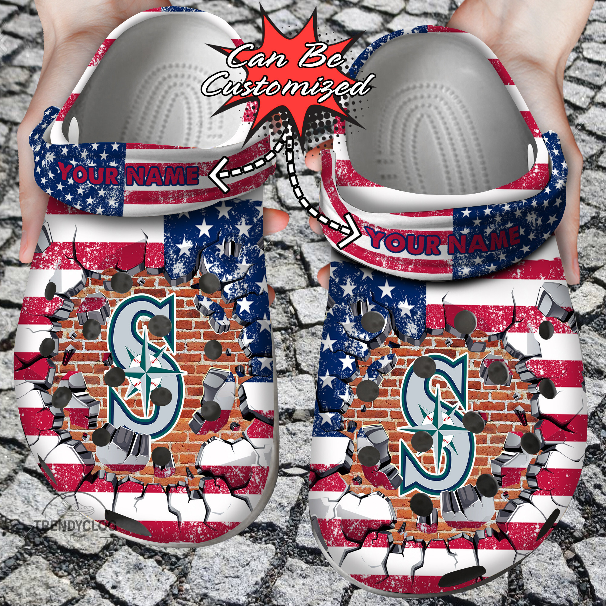 1stShark Baseball Personalized SMariners American Flag Breaking Wall Clog Shoes New Fashion