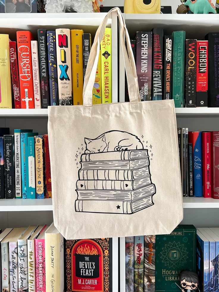 Bookish Tote Bag | Cats, Books, Book Stack, Gift Idea, Canvas Tote Bag, Cotton Tote, Boho, Bookish Gift, Cat Gift, Cat Lady, Best Tote Bags Ideas, Cute Tote Bags Ideas, Tote Bag Design Ideas, Girls Tote Bag, Best Canvas Tote Bags Ideas