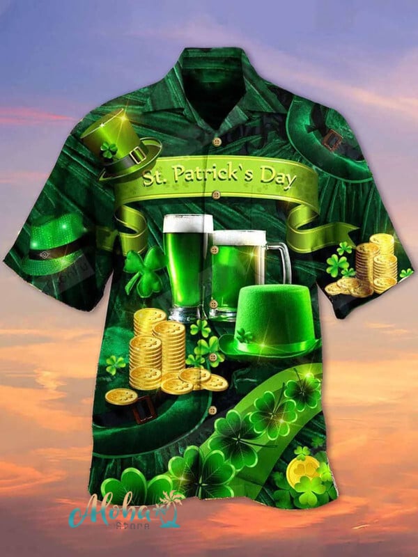 St. Patrick’S Day Hawaiian Shirt – Green Beer, Clover, And Gold Coins Design