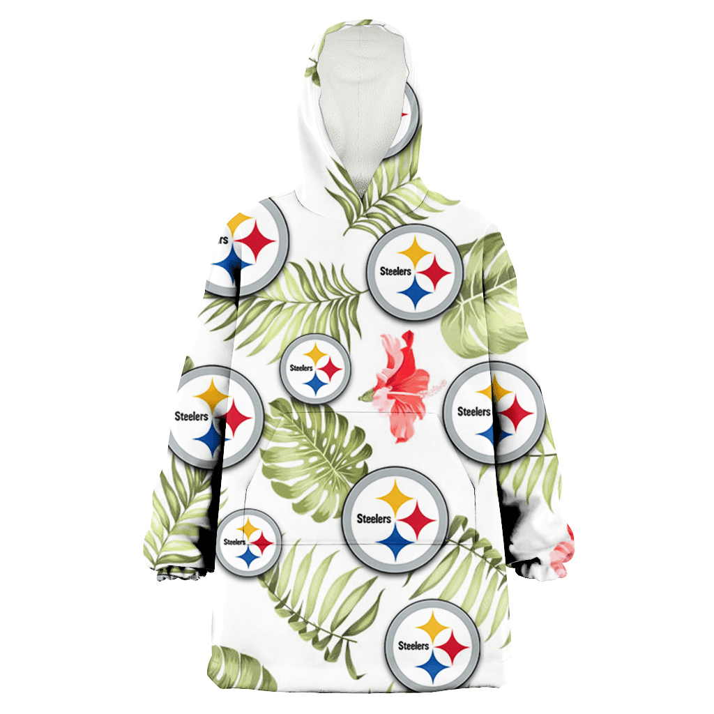 Pittsburgh Steelers Light Salmon Hibiscus Green Leaf White Background 3D Printed Hoodie Blanket Snug Hoodie