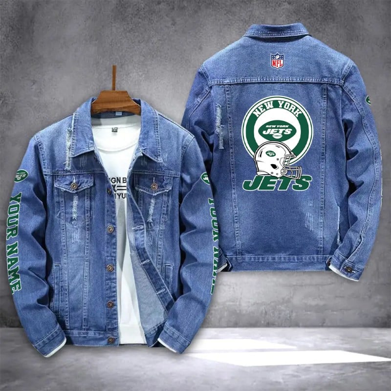 New York Jets NFL Team Name Personalized Sleeve Back Logo Blue Denim Jacket