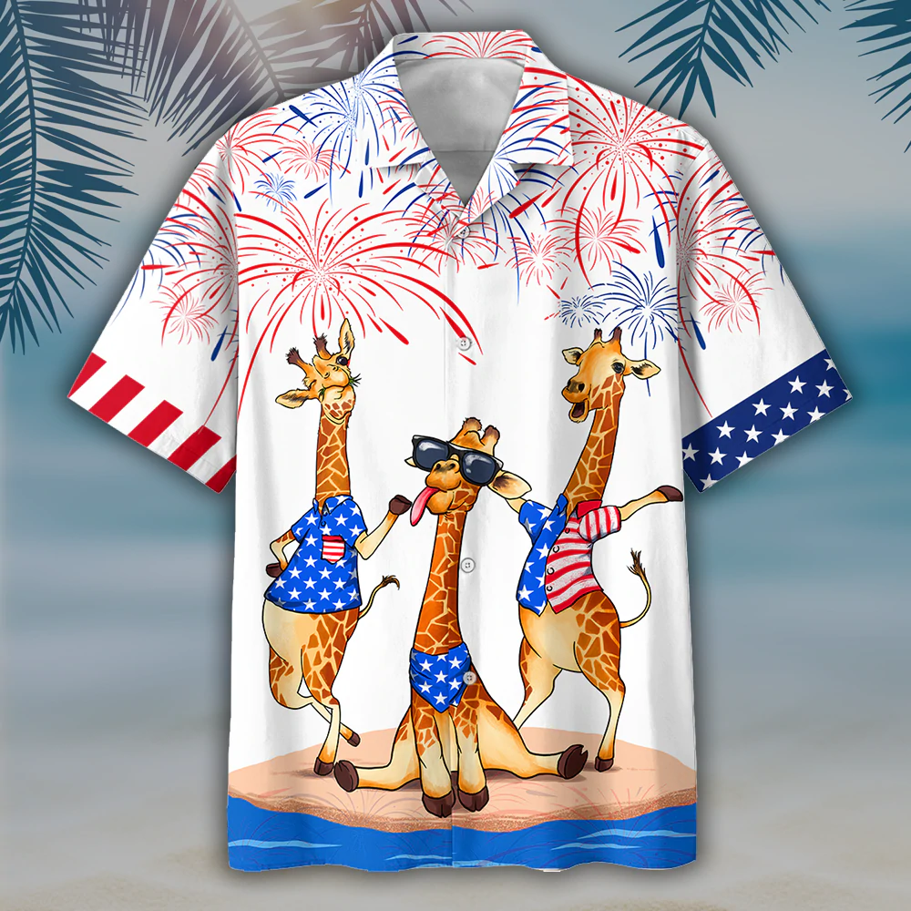 Giraffe Hawaiian Shirt For Independence’S Day, Happy 4Th Of July Patriotic Giraffe Hawaii Aloha Beach Shirt Full Print