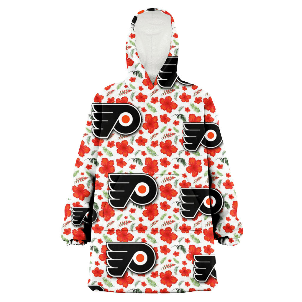 Philadelphia Flyers Tiny Red Hibiscus Green Leaf White Cube Background 3D Printed Hoodie Blanket Snug Hoodie