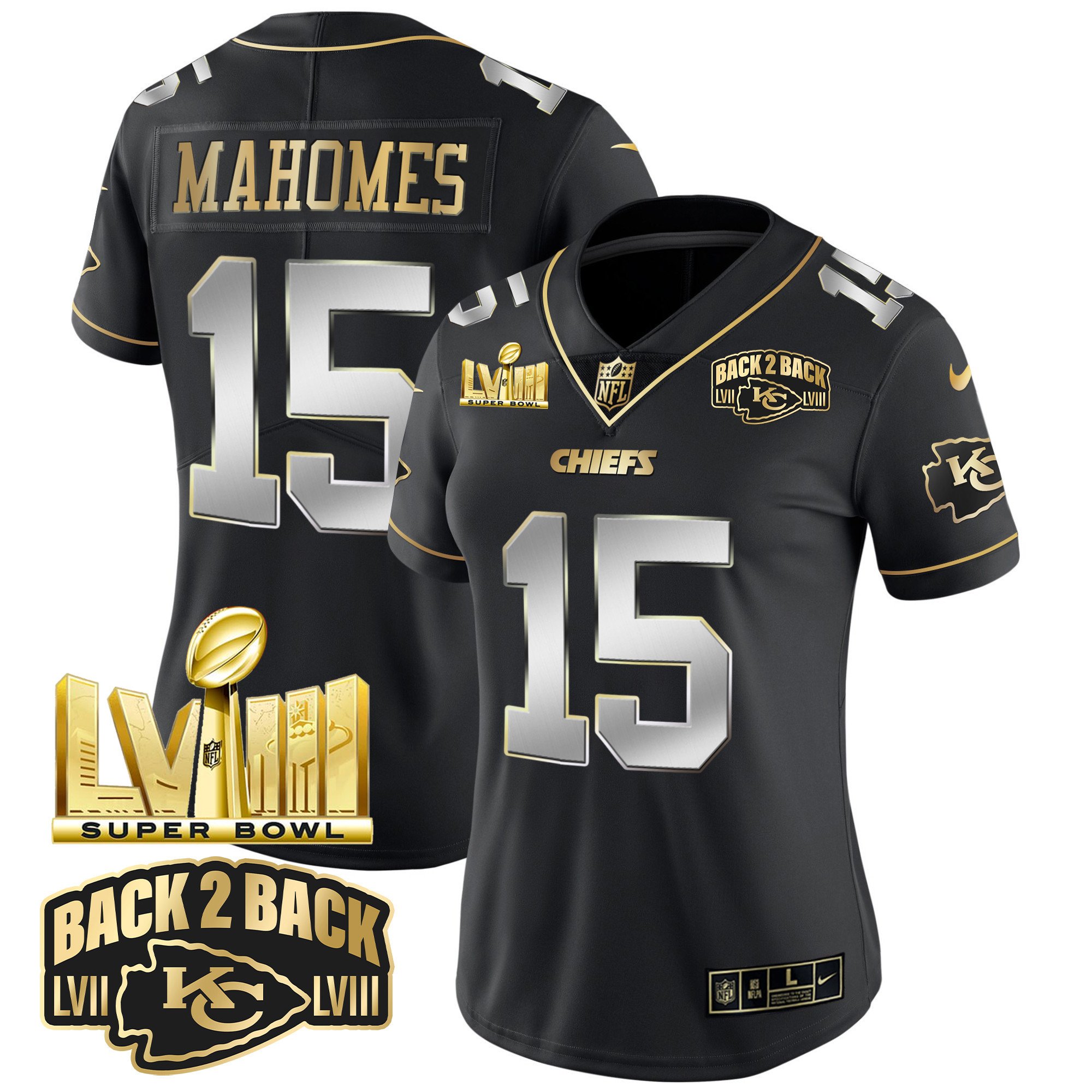 Women’S Chiefs Super Bowl Lviii & Back 2 Back Gold Patch Vapor Jersey V2 – All Stitched