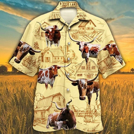 Tx Longhorn Cattle Lovers Farm Hawaiian Shirt, Unisex Print Aloha Short Sleeve Casual Shirt