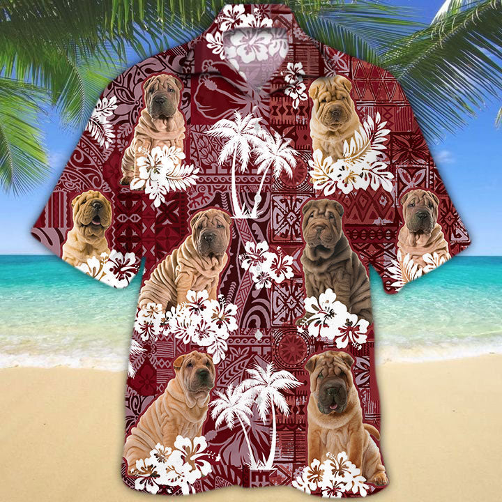 Shar Pei Hawaiian Shirt, Cute Dog Hawaii Shirts Red Tribal Pattern