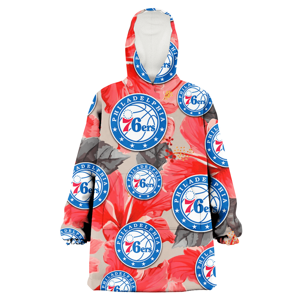 Philadelphia 76ers Red Hibiscus Gray Leaf Beige Background 3D Printed Hoodie Blanket Snug Hoodie