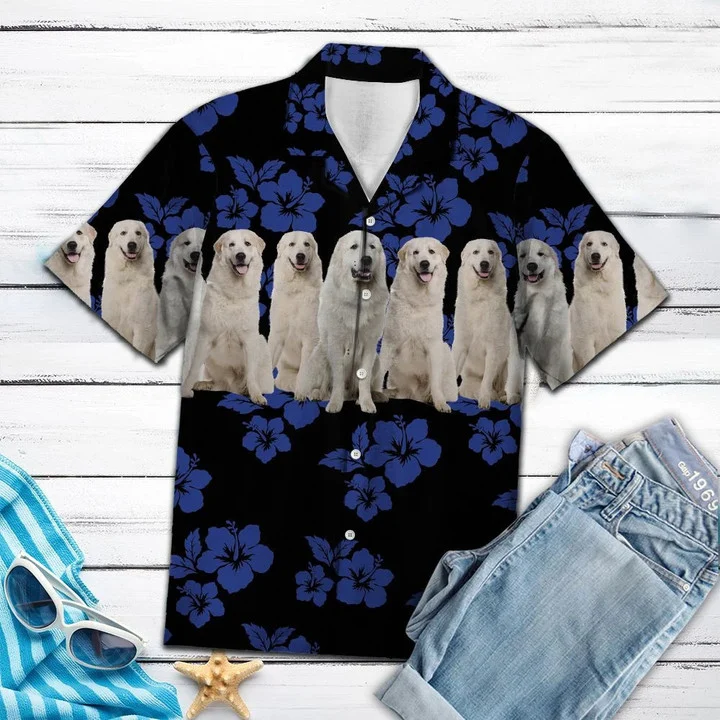 Awesome Great Pyrenees Dogs Tropical Hibiscus On Black Hawaiian Shirt