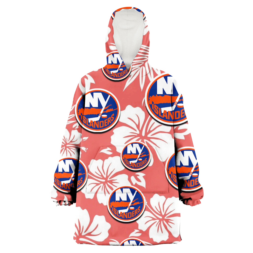 New York Islanders White Hibiscus Salmon Background 3D Printed Hoodie Blanket Snug Hoodie