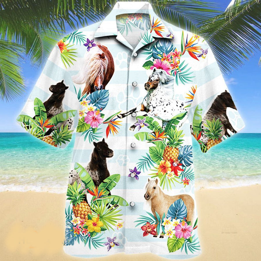 Miniature Horse 3D Hawaiian Shirt, Gift For Horse Lovers, Miniature Horse Tropical Flower Horse Lovers Hawaii Shirt