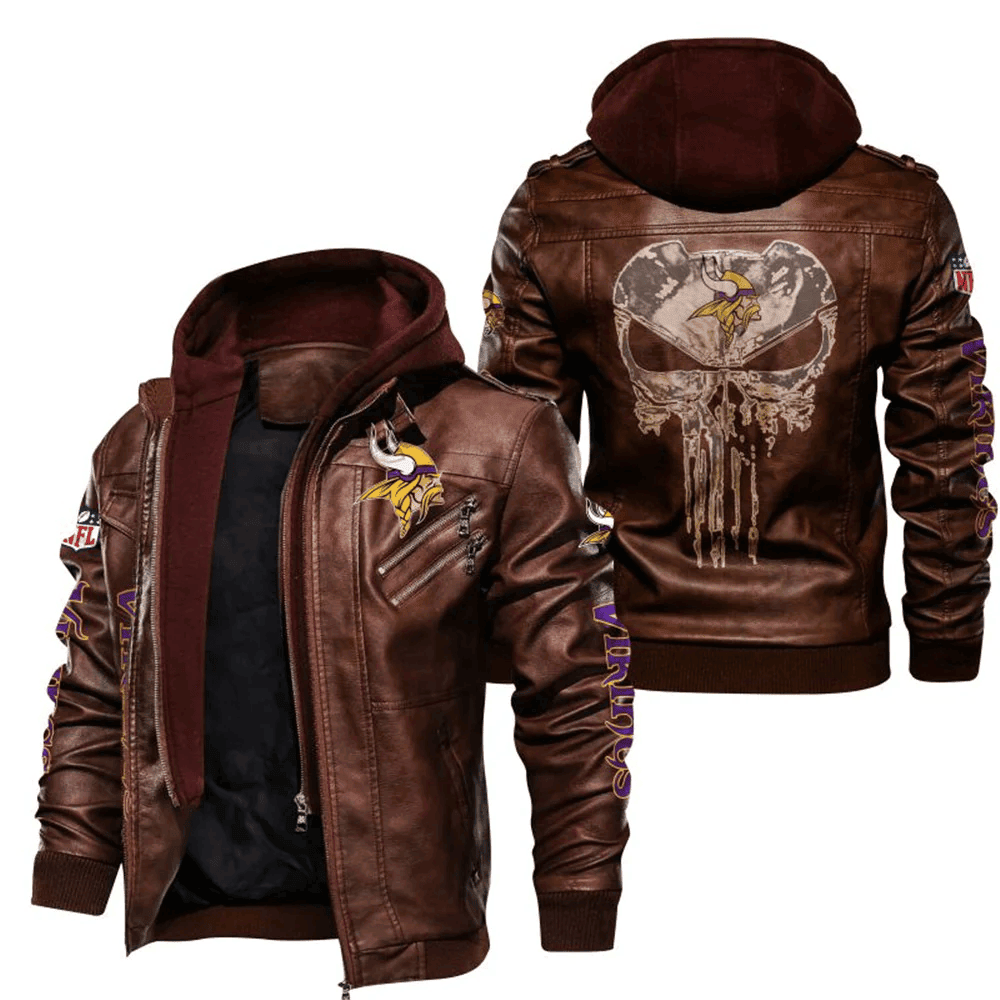 Minnesota Vikings Skull Zip Leather Jacket With Hood