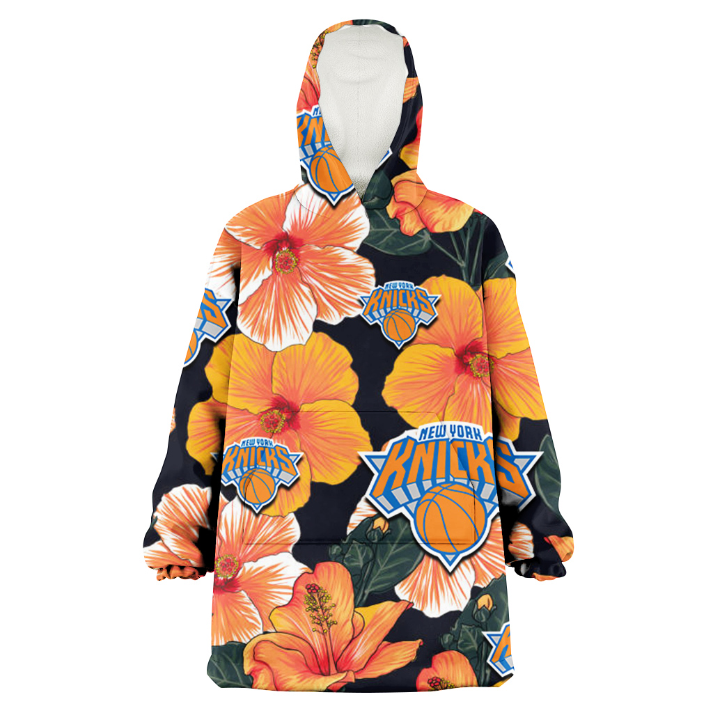 New York Knicks Orange Hibiscus Dark Green Leaf Black Background 3D Printed Hoodie Blanket Snug Hoodie