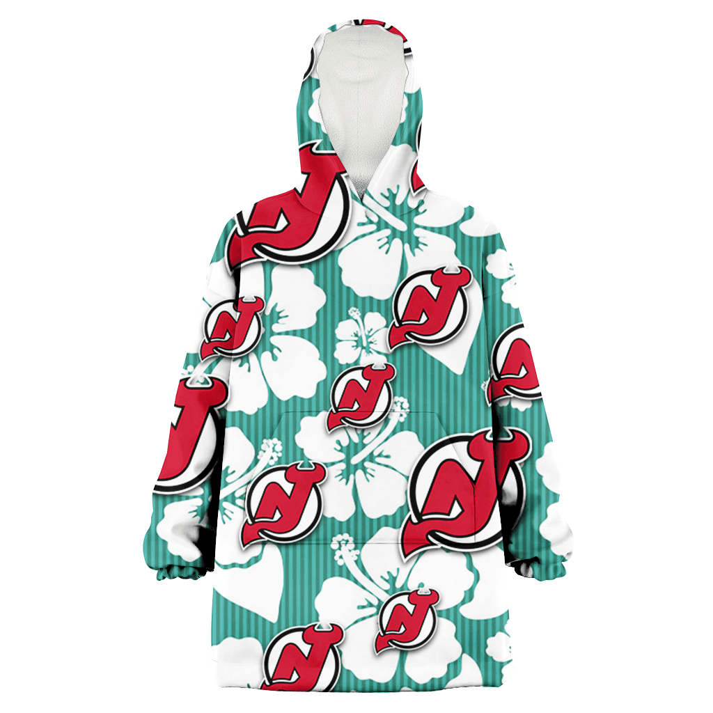 New Jersey Devils White Hibiscus Turquoise Stripe Background 3D Printed Hoodie Blanket Snug Hoodie