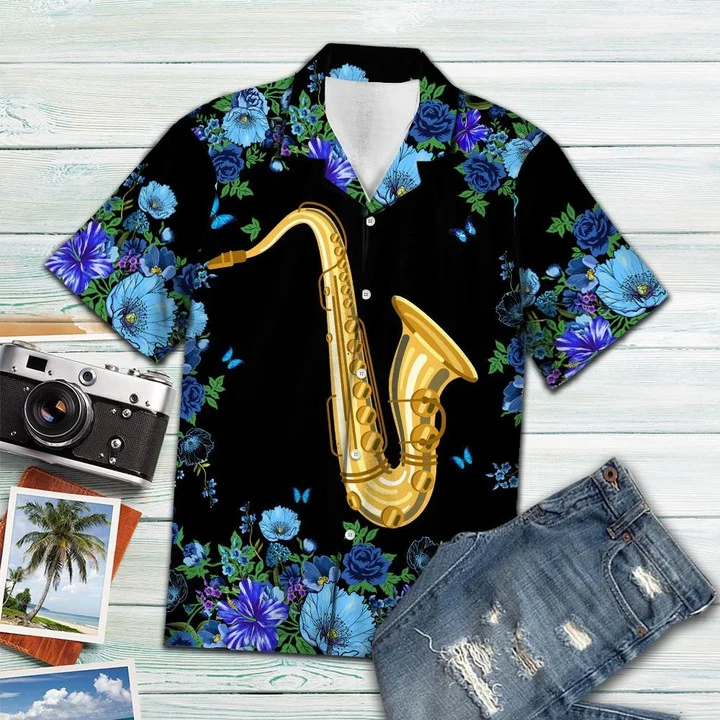 Blue Flower Frame Cover Saxophone On Black Pattern Hawaiian Shirt