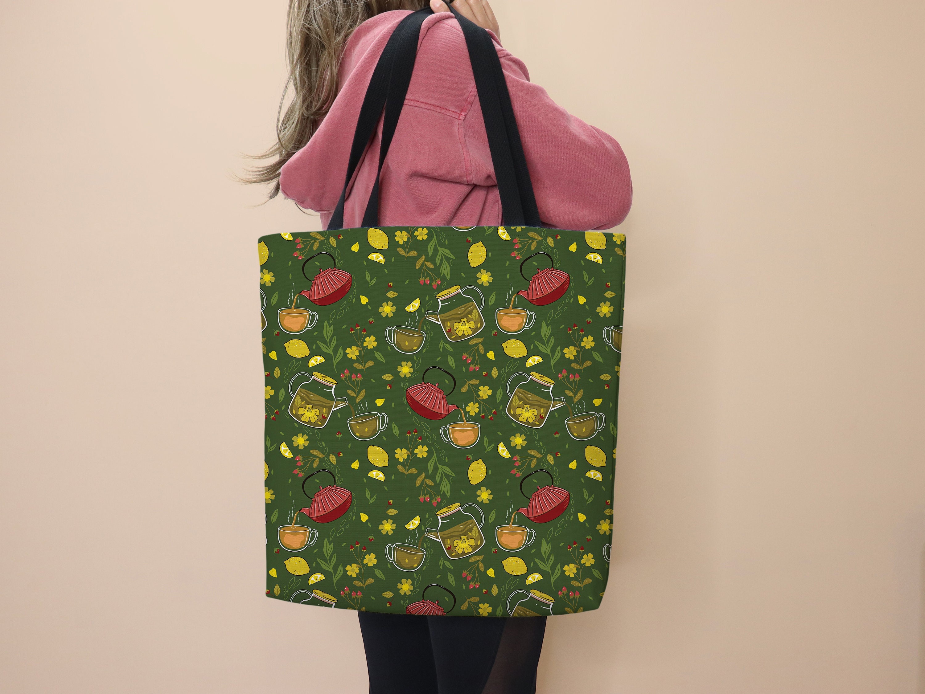 Tea Tote Bag Tea Bag School Tote Teapots Matcha Tea Gift for Her Cute Bag Teapot Everyday Tote Grocery Bag Tea Green Tea Leaves Work Tote