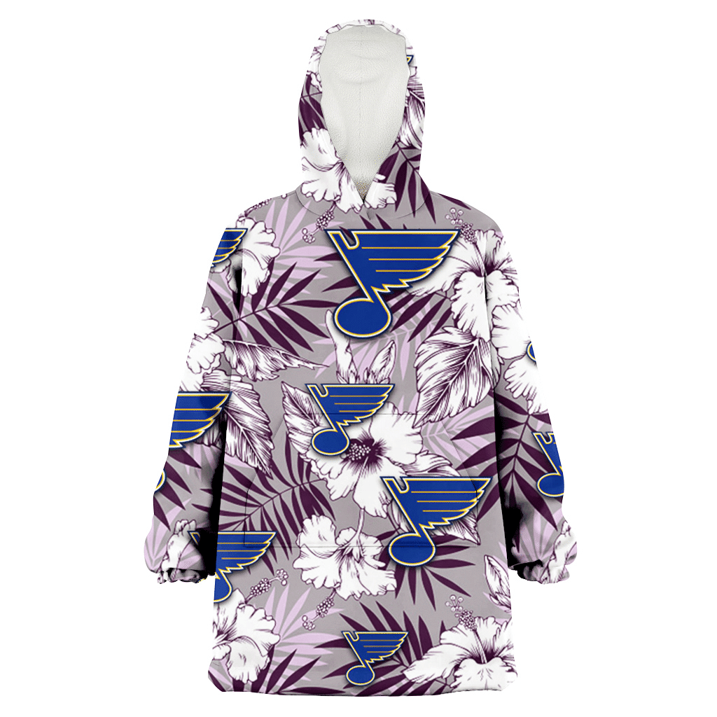 St. Louis Blues White Hibiscus Violet Leaves Light Grey Background 3D Printed Hoodie Blanket Snug Hoodie