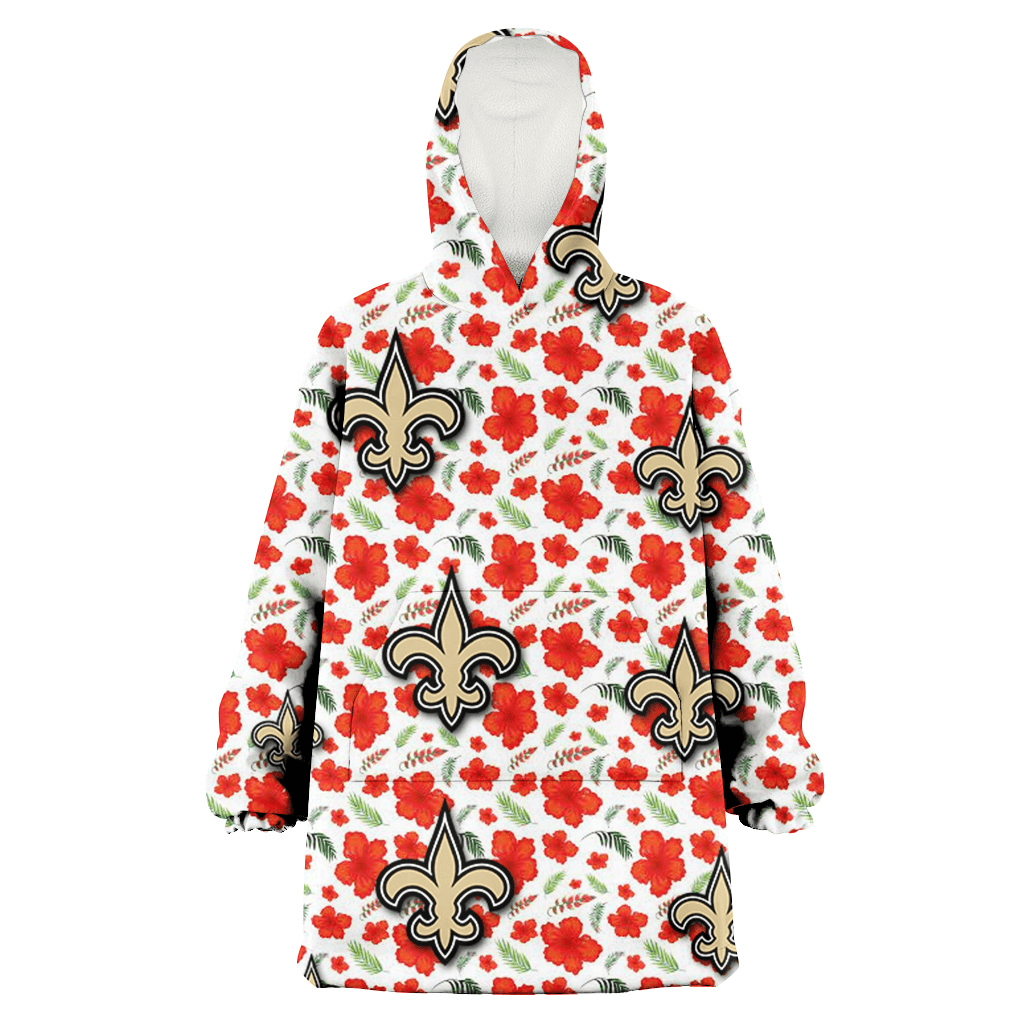 New Orleans Saints Tiny Red Hibiscus Green Leaf White Cube Background 3D Printed Hoodie Blanket Snug Hoodie