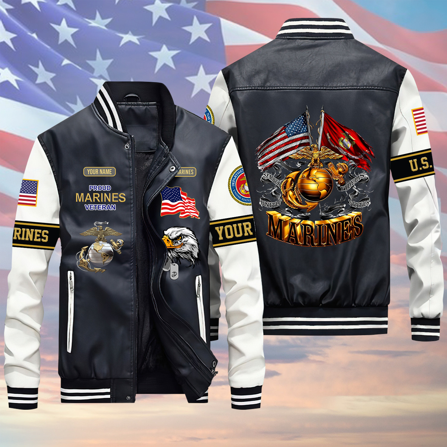 U.S Marine Double US Marines Flag Green Winter Gear Leather Bomber Leterman Varsity Jacket