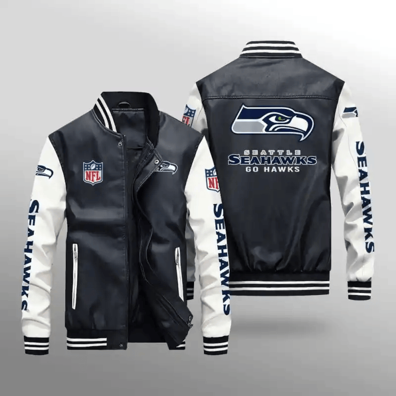 Seattle Seahawks NFL Team Personalized Name Back Logo Leather Bomber Jacket