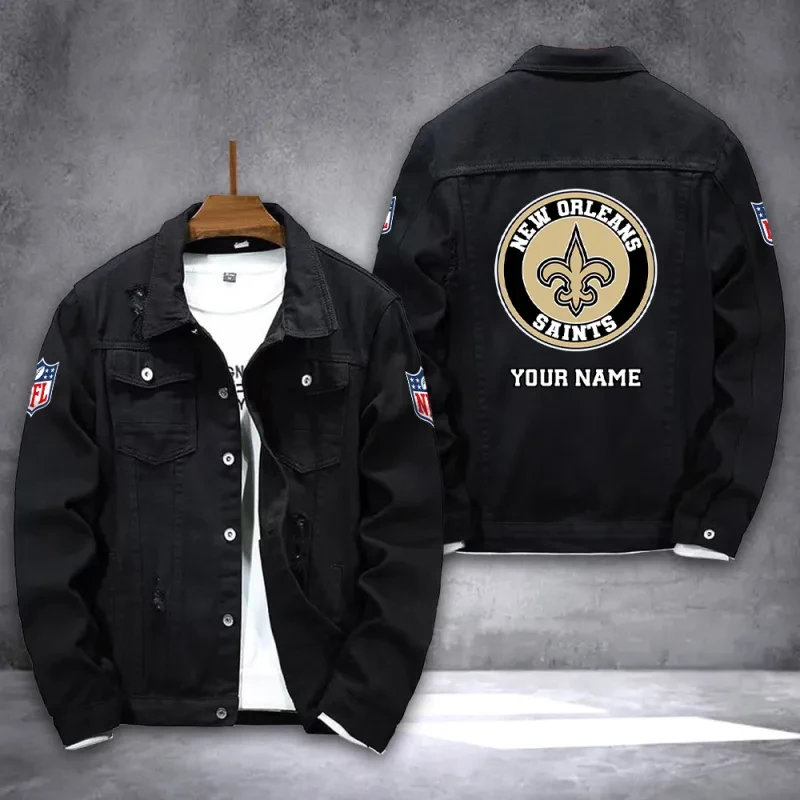 New Orleans Saints NFL Team Name Personalized Back Logo Black Denim Jacket