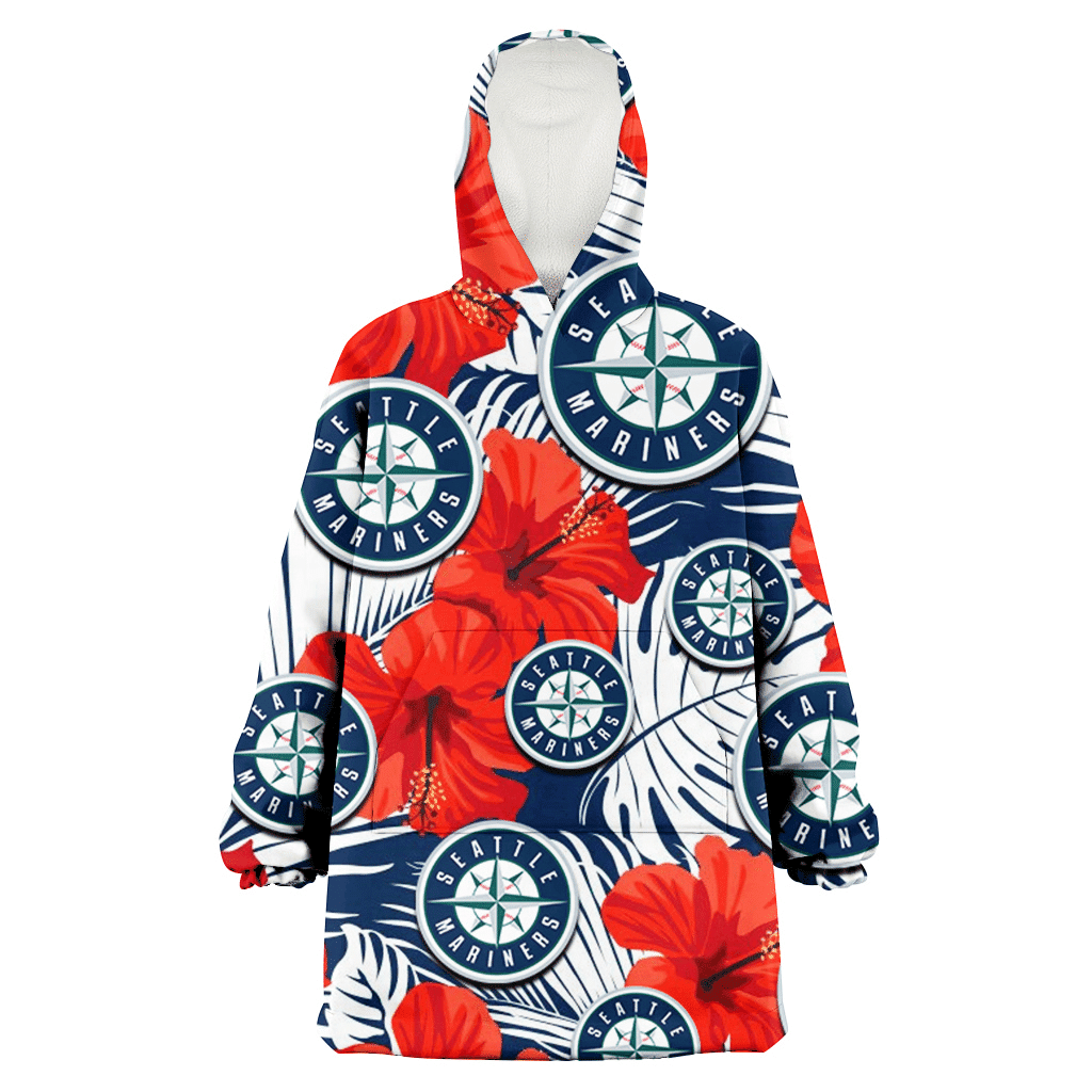 Seattle Mariners White Tropical Leaf Red Hibiscus Navy Background 3D Printed Hoodie Blanket Snug Hoodie