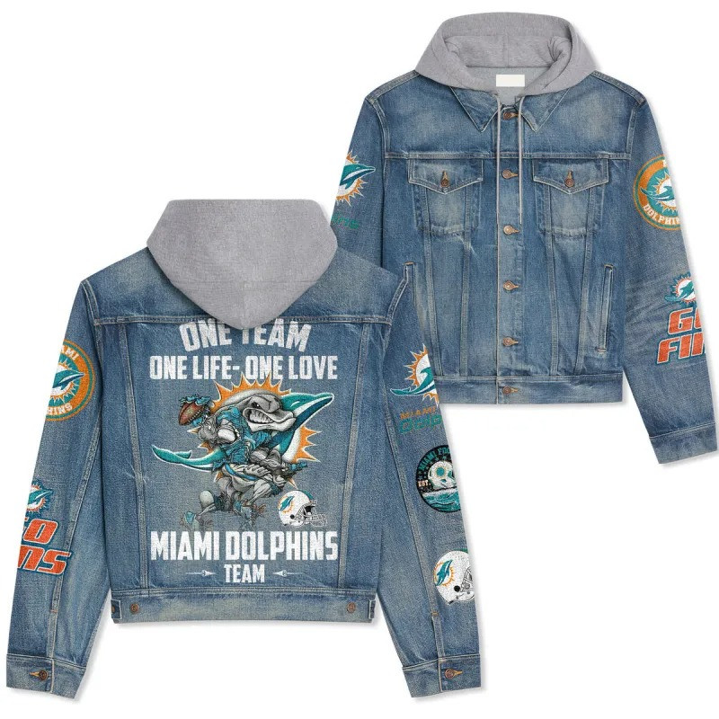 Miami Dolphins NFL Team Logo & Motto v8 3D Hooded Denim Jacket