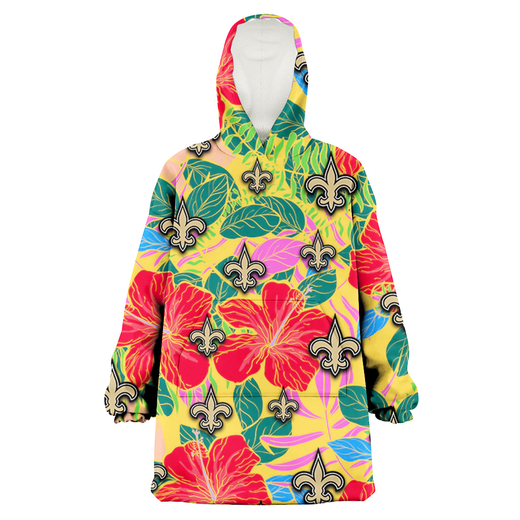 New Orleans Saints Red Hibiscus Green Blue Leaf Yellow Background 3D Printed Hoodie Blanket Snug Hoodie