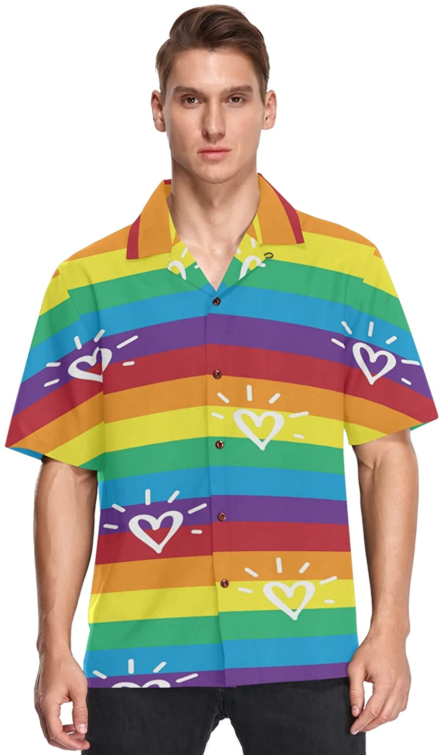 Rainbow Lgbt Striped Flag Men’S Hawaiian Shirt Short Sleeves Button Down Aloha Shirts Beach