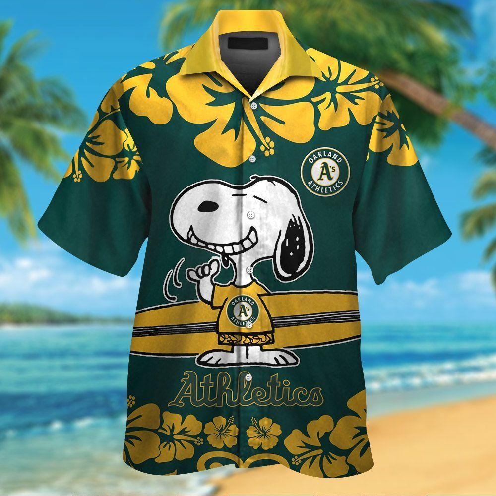 Oakland Athletics Snoopy Short Sleeve Button Up Tropical Hawaiian Shirt