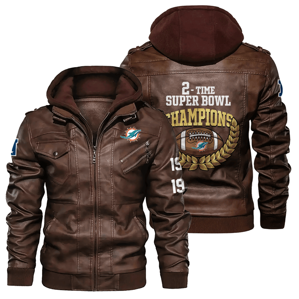 Miami Dolphins NFL  Time Super Bowl Champions City Design Zip Brown Leather Jacket With Hood