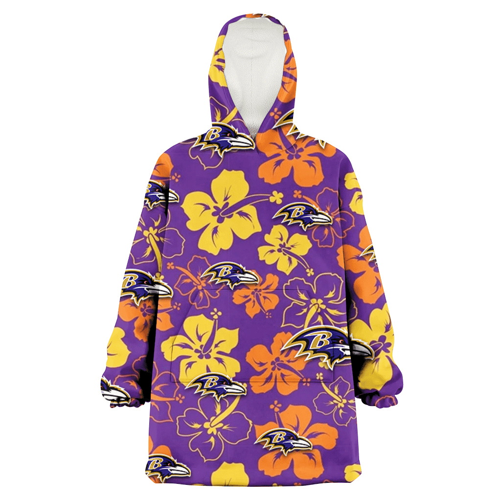 Baltimore Ravens Yellow And Orange Hibiscus Purple Background 3D Printed Hoodie Blanket Snug Hoodie