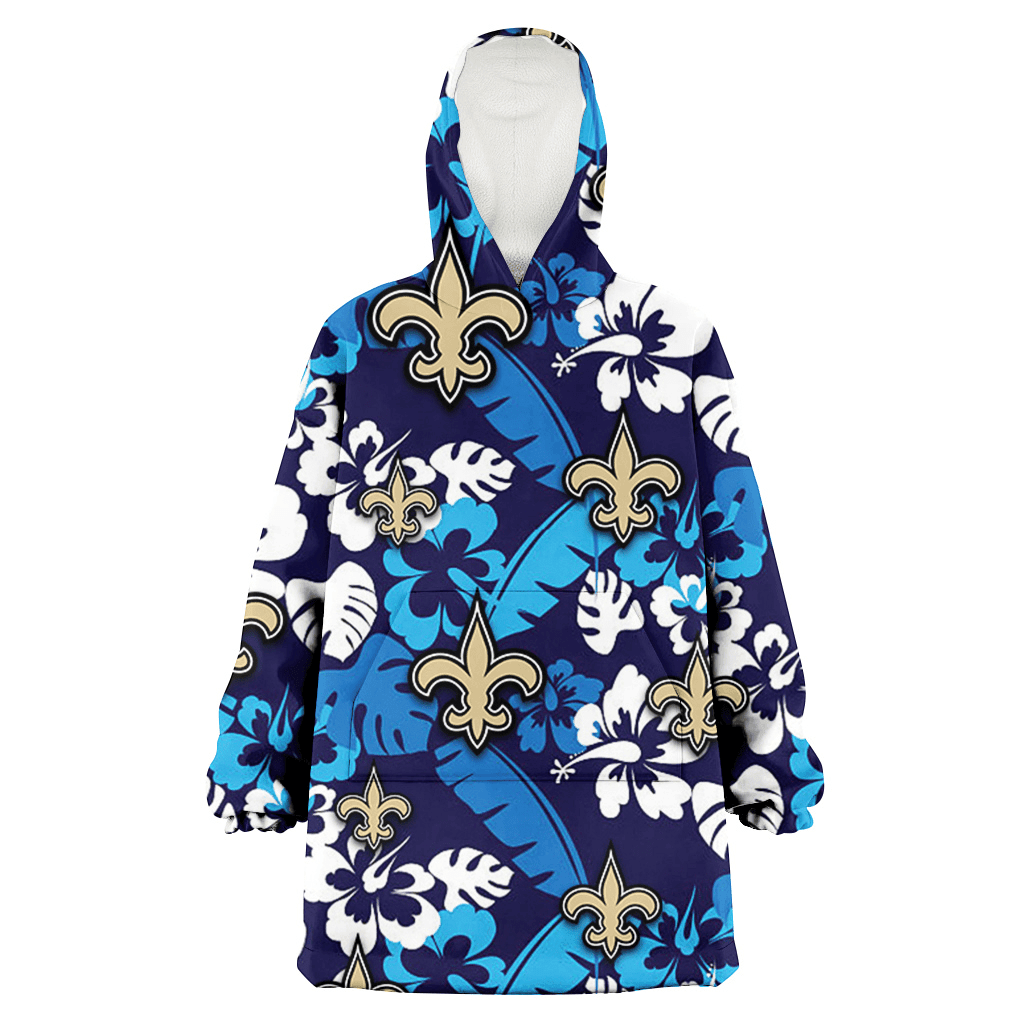 New Orleans Saints Light Blue Hibiscus Banana Leaf Navy Background 3D Printed Hoodie Blanket Snug Hoodie