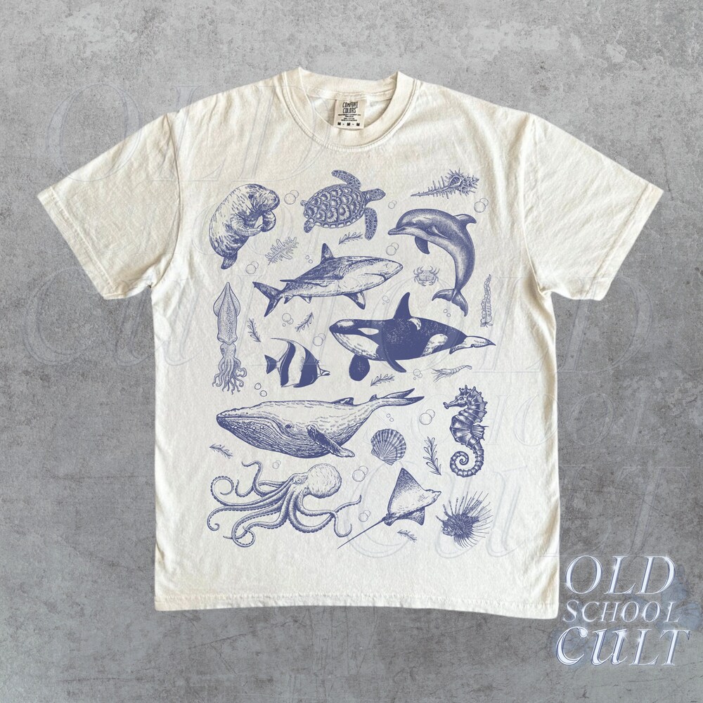 Vintage 90s Tattoo Sea Animal Tshirt, Retro Ocean Nature Shirt, Sealife, Ocean, Whale, Orca, Turtle, Dolphin Shirt, Unisex Relaxed Adult Tee, White Lie Shirts, Fall shirts, Family Christmas Shirts, Vintage Style Shirt