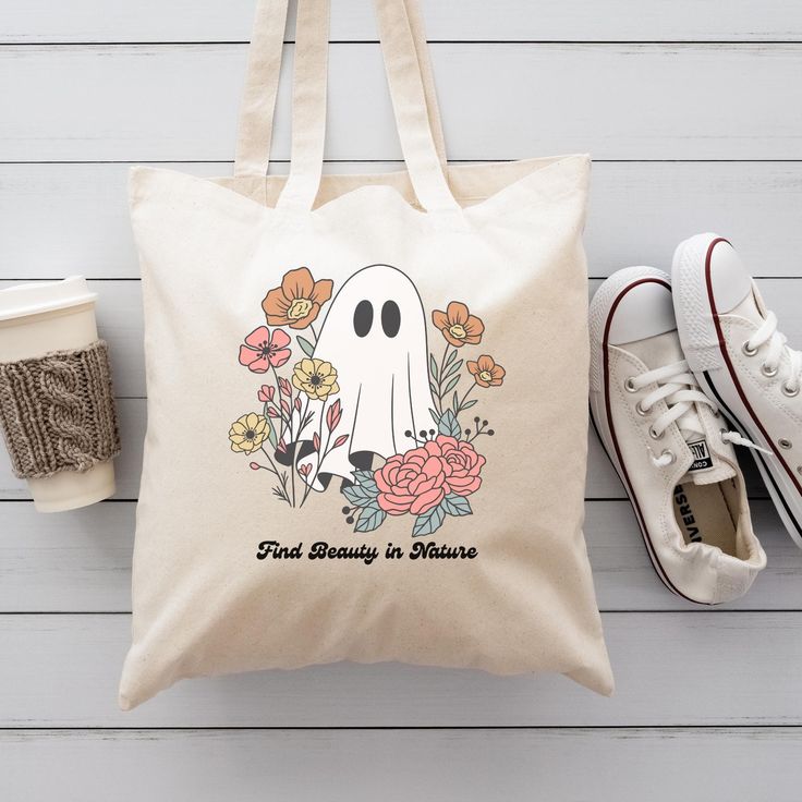 Floral Ghost Tote Bag Gift for Book Lover Librarian Teacher Canvas Book Bag Gift for Wife Friend Roommate N0610, Best Tote Bags Ideas, Cute Tote Bags Ideas, Tote Bag Design Ideas, Girls Tote Bag, Best Canvas Tote Bags Ideas