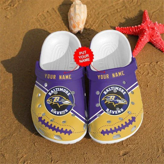 Baltimore Ravens Logo Custom Name Crocss Classic Clogs Shoes In Purple Yellow Ver505