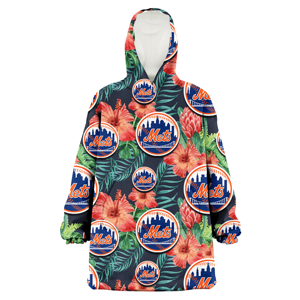 New York Mets Orange Hibiscus Green Tropical Leaf Dark Background 3D Printed Hoodie Blanket Snug Hoodie