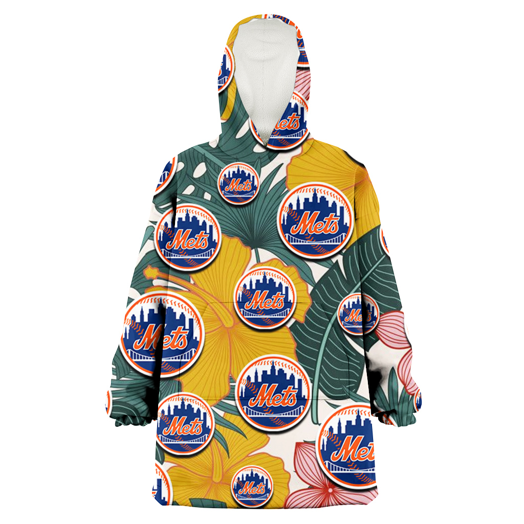 New York Mets Yellow Hibiscus Green Banana Leaf Pink Porcelain Flower 3D Printed Hoodie Blanket Snug Hoodie