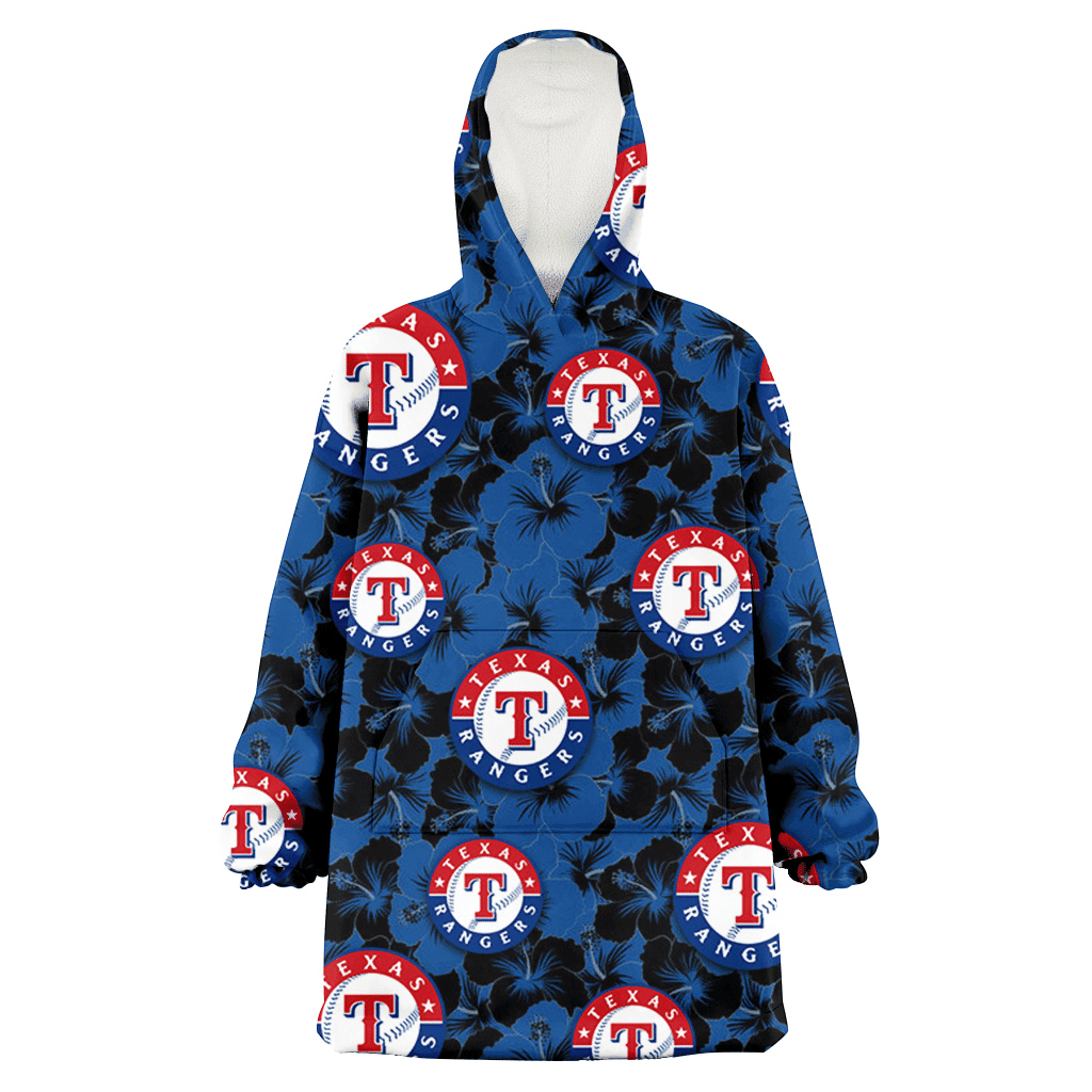 Texas Rangers Black Dark Blue Hibiscus Black Background 3D Printed Hoodie Blanket Snug Hoodie