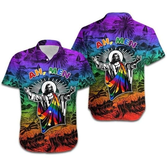 Ah Men Funny Jesus Lgbt Pride Aloha Hawaiian Shirt, Lgbtqia2S+ Hawaiian Shirt