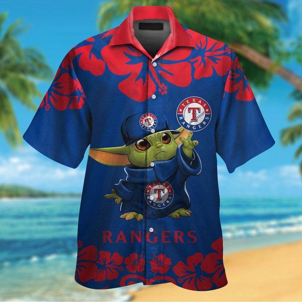 Texas Rangers Baby Yoda Short Sleeve Button Up Tropical Hawaiian Shirt