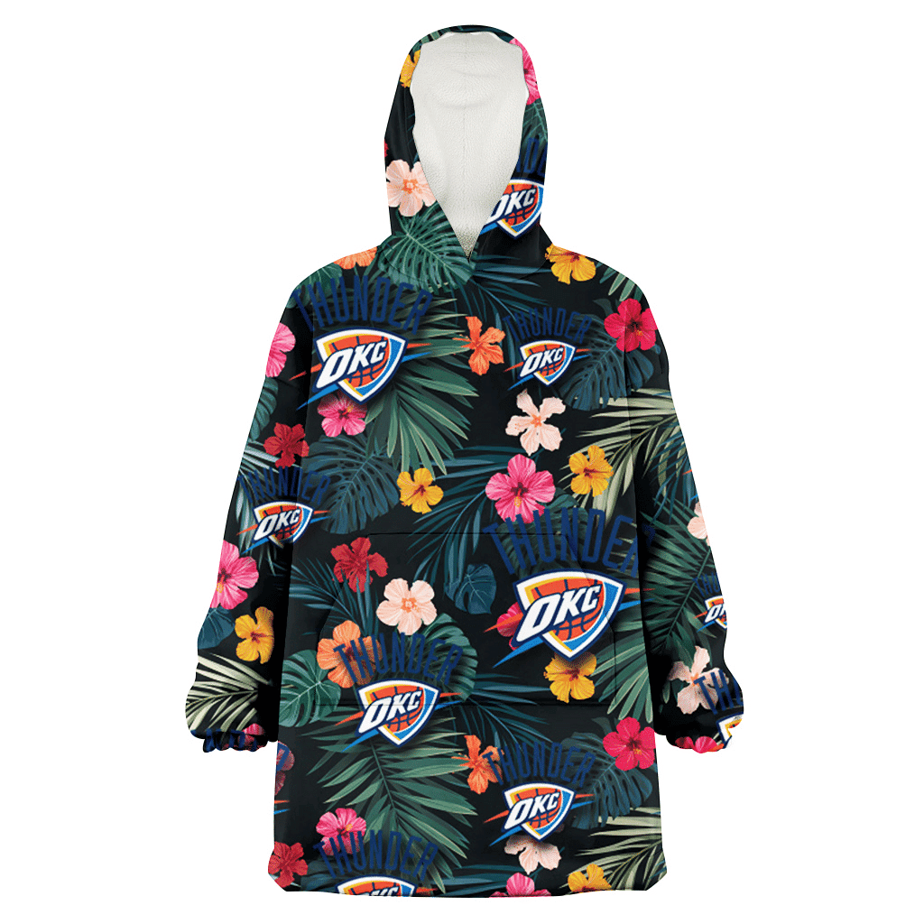 Oklahoma City Thunder Pink Yellow Orange Hibiscus Big Tropical Leaf Black Background 3D Printed Hoodie Blanket Snug Hoodie